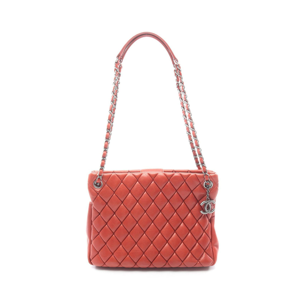 Chanel Matelasse Chain Shoulder Tote Bag Lambskin Sheepskin Leather Red